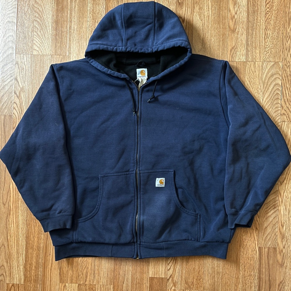 VTG Carhartt J149 NVY Navy Blue Thermal Lined Full Zip Hoodie Mens 2XL Regular